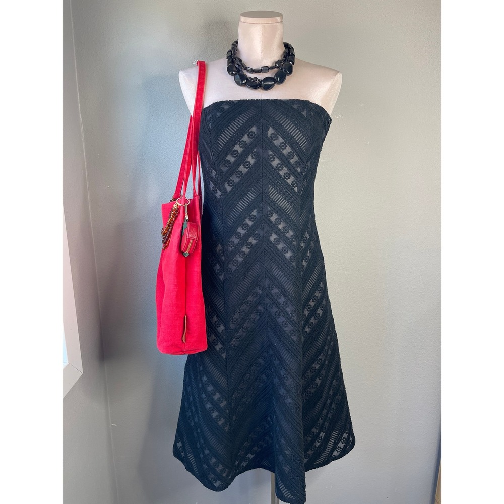 Ann Taylor Strapless Dress Black Silk Lace Floral Chevron A-Line Cocktail 4